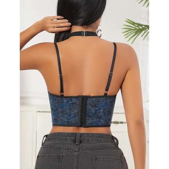 Women Blue Lace Up Bustier Corset Adjustable Drawstring Sleeveless Shapewear - Picture 2 of 5